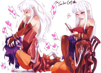 absurdres bone cartoon_bone commission commissioner_upload cunnilingus dress elf highres ilyana loli long_hair non-web_source oral original pointy_ears skeb_commission skeletal_arm skeletal_hand stapled taroimo_imotaro undead valkrana very_long_hair white_hair yuri