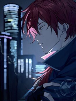 1boy 1zxn4 black_gloves black_jacket blurry blurry_background cigarette city city_lights cityscape crossed_arms fingerless_gloves from_side gloves green_eyes hair_between_eyes high_collar highres holding holding_cigarette jacket lauren_iroas lauren_iroas_(1st_costume) long_hair male_focus night night_sky nijisanji ponytail portrait red_hair side_ponytail sky skyline smoke smoke_trail smoking solo virtual_youtuber