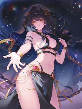 Rule 34 | 1girl, armlet, artist request, bare shoulders, bikini, black bikini, black hair, black loincloth, black veil, breasts, chain, cleavage, collar, commission, cowboy shot, crying, crying with eyes open, dancer, detached sleeves, earrings, elsword, eve (2nas) (elsword), eve (elsword), facial mark, gem, hair over shoulder, hand up, highleg, highres, jewelry, large breasts, loincloth, long hair, looking at viewer, low twintails, midriff, navel, no panties, open mouth, pelvic curtain, pink gem, second-party source, short sleeves, sky, sling bikini top, smile, solo, standing, star (sky), starry sky, stomach, swimsuit, tears, thighlet, thighs, twintails, veil, yellow eyes