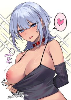 1girl arm_warmers bare_shoulders black_arm_warmers black_camisole blue_eyes blush breasts camisole camisole_pull clothes_pull collar commentary_request dated ear_piercing grey_hair heart highres large_breasts medium_hair mitsuba_minoru nipples one_breast_out original piercing red_collar signature simple_background solo sound_effects sparkle spoken_heart tongue tongue_out upper_body