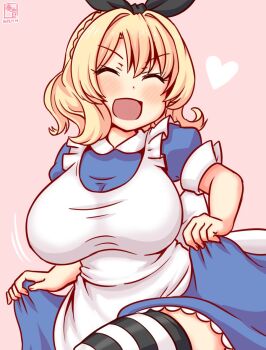 1girl alice&#039;s_adventures_in_wonderland alice_(alice_in_wonderland) alice_(alice_in_wonderland)_(cosplay) apron artist_logo blonde_hair blue_dress breasts closed_eyes colorado_(kancolle) cosplay dated dress hair_ribbon kanon_(kurogane_knights) kantai_collection large_breasts logo pink_background ribbon short_hair skirt_hold smile solo white_apron