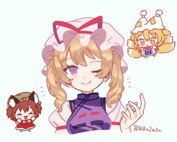 Rule 34 | 3girls, alternate hairstyle, animal ears, blonde hair, blue tabard, brown hair, cat ears, cat girl, chen, chibi, closed eyes, closed mouth, commentary, dress, fox girl, fox tail, hand up, hat, looking at viewer, mob cap, multiple girls, one eye closed, open mouth, purple eyes, purple tabard, red shirt, red skirt, shirt, short twintails, skirt, smile, tabard, tail, touhou, twintails, twitter username, upper body, white dress, yakumo ran, yakumo yukari, yellow eyes, yoi (bo2ezn)