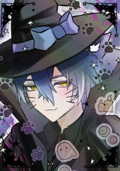1boy animal_ear_fluff animal_ears black_cape black_hat black_shirt blue_hair blue_ribbon blush bow cape cat_boy cat_ears collared_cape collared_shirt commentary_request crossed_bangs double-parted_bangs drawn_whiskers eyelashes fang flins_(genshin_impact) genshin_impact ghost hair_between_eyes halloween halloween_costume hat highres male_focus mystical_high_collar orange_eyes paw_print portrait ribbon shirt skin_fang sogac_jp solo upper_body wing_collar witch witch_hat