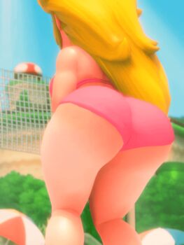 Rule 34 | 1girl, 3d, animated, animated gif, ass, ass focus, bare legs, bare shoulders, blonde hair, breasts, curvy, female focus, from behind, highres, huge ass, jiggle, large breasts, long hair, mario (series), n-nurico, nintendo, princess peach, solo, thick thighs, thighs, volleyball, wide hips