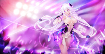 Rule 34 | 1girl, arm up, armpits, backlighting, bad id, bad pixiv id, bare shoulders, blurry, blush, bodystocking, breasts, breasts apart, chinese commentary, closed eyes, closed mouth, commentary request, covered navel, depth of field, elbow gloves, female focus, gloves, glowstick, hair between eyes, hair ornament, highres, holding, holding microphone, impossible clothes, large breasts, long hair, looking at viewer, low-tied long hair, microphone, photoshop (medium), purple eyes, reina (xipuria), skin tight, sky diver xipuria, smile, solo, stage lights, thigh gap, very long hair, white gloves, zhuore zhi hen