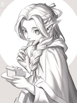 1girl absurdres alternate_ears book braid capelet commentary dungeon_meshi eating elf english_commentary folded_hair food food_bite from_side greyscale hair_rings half_up_braid half_updo hands_up highres holding holding_plate holding_spoon hood hood_down hooded_capelet krouya licking long_hair long_pointy_ears long_sleeves looking_at_viewer looking_to_the_side marcille_donato monochrome multiple_braids parted_bangs pie pie_slice plate pointy_ears side_braid smile solo spoon tongue tongue_out upper_body