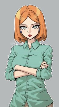 Rule 34 | 1girl, aqua shirt, breasts, commentary, crossed arms, danganronpa (series), earrings, family guy, grey eyes, highres, jewelry, large nose, lipstick, lois griffin, looking at viewer, makeup, orange hair, rkgkrabu, shirt, stud earrings