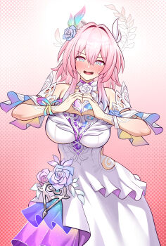 1girl @_@ absurdres alternate_breast_size_(larger) bare_shoulders blue_eyes blush bonz0616 breasts commentary cosplay cyrene_(demiurge)_(honkai:_star_rail) cyrene_(honkai:_star_rail) cyrene_(honkai:_star_rail)_(cosplay) dotted_background dress embarrassed english_commentary flower gradient_eyes hair_between_eyes hair_flower hair_ornament heart heart_hands highres honkai:_star_rail honkai_(series) large_breasts looking_at_viewer march_7th_(honkai:_star_rail) medium_hair multicolored_eyes nose_blush open_mouth pink_background pink_hair purple_flower purple_rose rose smile solo white_dress