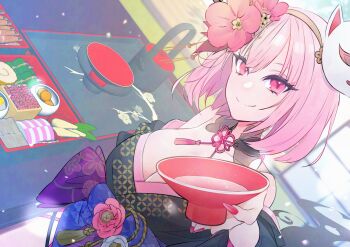 1girl absurdres bare_shoulders black_kimono bowl breasts cleavage closed_mouth flower fox_mask hair_flower hair_ornament hashtag-only_commentary highres holding holding_bowl hololive hololive_english japanese_clothes kimono large_breasts looking_at_viewer mask mori_calliope mori_calliope_(new_year) noxxia39 official_alternate_costume pink_eyes pink_hair short_hair smile solo upper_body virtual_youtuber