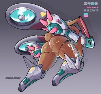 1girl alternate_color arched_back armor armored_boots artist_name ass ass_focus black_sclera boots breasts brown_armor character_name cleavage colored_sclera commentary curvy dynamic_pose electric_fan english_commentary female_focus floating full_body furry furry_female gauntlets gen_4_pokemon gradient_background hanging_breasts helmet huge_ass huge_eyebrows ishiexe japanese_text jumping large_breasts leotard looking_back lopunny mecha mecha_musume nintendo pink_eyes pokemon pokemon_(creature) rabbit_girl robot robot_girl shadow shiny_pokemon shoulder_armor solo spread_fingers thick_thighs thighs wide_hips