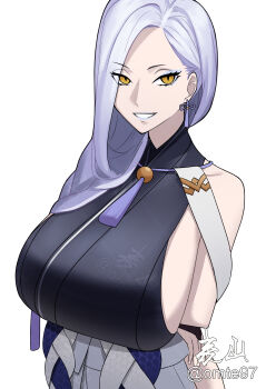 1girl absurdres bare_shoulders black_shirt blue_lips blush braid breasts clothing_cutout commentary commentary_request detached_sleeves earrings eyeliner fate/grand_order fate_(series) grin hakama hakama_skirt hebi_nyoubou_(fate) hebi_nyoubou_(first_ascension)_(fate) highres hip_vent japanese_clothes jewelry large_breasts long_hair makeup omte97 shirt sideboob skirt sleeveless sleeveless_shirt smile solo tassel tassel_earrings white_hair white_hakama yellow_eyes