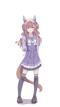 1girl animal_ears arms_behind_back bow breasts brown_hair closed_mouth ear_covers ear_ribbon full_body hair_between_eyes hair_ornament highres horse_ears horse_girl horse_tail long_hair long_sleeves looking_at_viewer purple_sailor_collar purple_serafuku purple_shirt purple_skirt purple_thighhighs red_eyes sailor_collar sailor_shirt school_uniform serafuku shirt shoes simple_background skirt small_breasts solo still_in_love_(umamusume) tail thighhighs tofu_thunder tracen_school_uniform umamusume veil white_background white_bow white_veil zettai_ryouiki