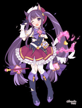1girl absurdres animal_ears beret book boots bow bowtie breasts broken_staff commentary_request gloves hat heart-shaped_gem highres hime_cut kasumi_(magical_girl)_(princess_connect!) kasumi_(princess_connect!) kuroha_koudai light_blush long_hair magical_girl nipples one_eye_closed open_mouth pantyhose princess_connect! purple_bow purple_bowtie purple_eyes staff torn_clothes twintails white_pantyhose