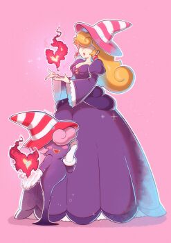 2girls absurdres alternate_costume alternate_hairstyle blonde_hair blush_stickers cosplay dress earrings fire ghost gloves hair_over_eyes hat heart highres jewelry long_hair mario_(series) multiple_girls nintendo open_mouth paper_mario paper_mario:_the_thousand-year_door pink_background pink_hair pink_hat princess_peach purple_dress pyrokinesis red_hat saiwo_(saiwoproject) simple_background sphere_earrings striped_clothes striped_headwear two-tone_hat vivian_(paper_mario) vivian_(paper_mario)_(cosplay) white_gloves white_hat witch_hat