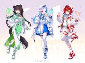 3girls :d animal animal_ears animal_hair_ornament animal_on_shoulder ankle_boots anniversary belt beret bird bird_on_shoulder blue_eyes blue_hair blue_necktie blue_skirt boots braid brown_hair brown_tail color-coded colored_inner_hair commentary_request copyright_notice dog_ears dog_girl dog_tail full_body gradient_eyes green_skirt grin group_picture hair_between_eyes hair_intakes hands_up hat heterochromia hood hood_down hoodie inui_toko jacket lace-up_boots leg_up legwear_garter lize_helesta long_hair long_skirt long_sleeves looking_at_viewer low_twin_braids medium_hair miniskirt multicolored_eyes multicolored_hair multiple_girls necktie nijisanji nokachoco114 official_alternate_costume official_art open_clothes open_jacket open_mouth pants pleated_skirt purple_eyes red_eyes red_hair sample_watermark sanbaka_(nijisanji) sebastian_piyodore shin_strap shirt shoes short_necktie side_slit single_legwear_garter skirt smile square-end_necktie standing standing_on_one_leg streaked_hair tail thigh_strap thighhighs twin_braids two-tone_hair two-tone_skirt very_long_hair virtual_youtuber watermark white_belt white_hair white_hat white_hoodie white_jacket white_pants white_shirt white_shoes white_skirt white_thighhighs yellow_eyes zettai_ryouiki