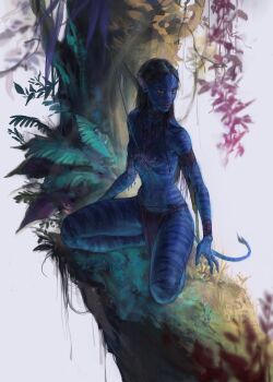 absurdres alien blue_skin blue_tail brown_hair colored_sclera colored_skin commentary english_commentary highres james_cameron's_avatar loincloth long_hair na'vi neytiri on_tree pointy_ears size_difference squatting striped_skin tail tall_female tribal white_background yellow_sclera