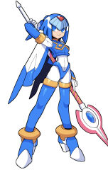Rule 34 | 1girl, android, armor, blue armor, blue eyes, blue footwear, blue helmet, boots, crop top, fairy leviathan (mega man), fins, full body, head fins, helmet, high heel boots, high heels, highres, holding, holding polearm, holding weapon, lance, mega man (series), mega man zero (series), omeehayo, polearm, simple background, smile, solo, thigh boots, weapon, white background
