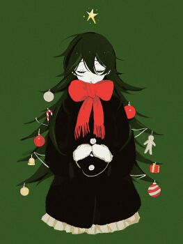 1girl bow candy candy_cane christmas christmas_ornaments christmas_ornaments_in_hair closed_eyes coat commentary expressionless flipped_hair food green_background green_hair highres long_sleeves mitsubachi_(roundbee) mittens original scarf scarf_bow skirt solo star_(symbol) symbol-only_commentary