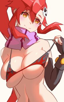 1girl bikini black_gloves breasts cleavage closed_mouth elbow_gloves fingerless_gloves flame_print gloves hair_between_eyes hair_ornament highres large_breasts long_hair looking_at_viewer navel pink_scarf ponytail red_hair scarf simple_background skull_hair_ornament smile solo strap_pull swimsuit tengen_toppa_gurren_lagann upper_body ura_dora very_long_hair white_background yellow_eyes yoko_littner