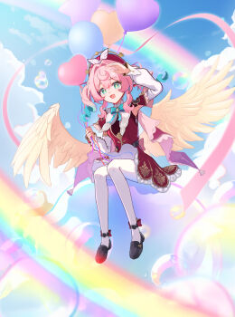 1girl absurdres balloon black_shoes bubble cloud cloudy_sky dress gradient_hair green_eyes green_hair hair_ornament hat highres honkai:_star_rail honkai_(series) hyacine_(honkai:_star_rail) kuroi_taimu looking_at_viewer multicolored_hair open_mouth pantyhose pink_hair rainbow red_dress shoes short_twintails sitting sky smile solo twintails white_pantyhose wings