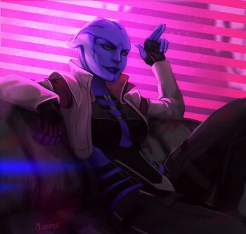 Rule 34 | 1girl, alien, aria t'loak, asari (mass effect), black gloves, breasts, colored skin, cropped jacket, fingerless gloves, gloves, indoors, jacket, mass effect (series), mass effect 3, misaooo art, open clothes, open jacket, purple skin, signature, sitting, small breasts, solo