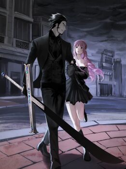 1boy 1girl absurdres ascot bare_shoulders beard black_ascot black_dress black_eyes black_hair black_pants black_shoes black_vest chinstrap_beard closed_mouth commentary_request dracule_mihawk dress facial_hair grey_sky highres holding holding_sword holding_weapon huge_weapon kotomine_(a1569) long_hair looking_at_another mustache one_piece pants perona pink_hair shoes short_hair shoulder_tattoo sideburns sky sword tattoo vest weapon