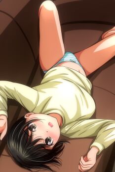 1girl barefoot black_hair blue_bow blush bow bow_panties brown_eyes couch long_sleeves looking_at_viewer lying matsunaga_kouyou navel on_couch open_mouth original panties shirt short_hair teeth underwear white_panties yellow_shirt
