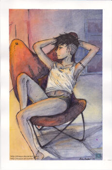 Rule 34 | 1girl, arms behind head, black hair, chair, closed mouth, commentary, dated, deviantart username, disaya, english commentary, gouache (medium), indoors, original, painting (medium), short hair, signature, sitting, solo, tank top, traditional media, tumblr username, undercut, very short hair, watercolor (medium), watermark, web address, white tank top