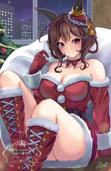 1girl alternate_costume animal_ears bare_shoulders bell belt black_belt black_choker boots bow braid braided_hair_rings breasts brown_hair choker christmas_tree cleavage closed_mouth commentary_request detached_sleeves dress ear_covers ear_ornament fur-trimmed_boots fur-trimmed_dress fur-trimmed_sleeves fur_trim gentildonna_(umamusume) gloves green_bow hair_bell hair_bow hair_ornament hair_rings highres horse_ears indoors knee_boots lace-up_boots large_breasts long_sleeves looking_at_viewer medium_hair purple_eyes reclining red_boots red_bow red_dress red_gloves red_sleeves santa_costume signature smile solo strapless strapless_dress thighs umamusume v-shaped_eyebrows watermark window yumibakama_meme