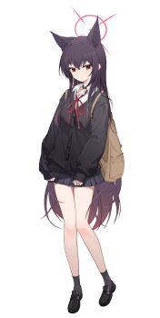 1girl absurdres alternate_costume animal_ear_fluff animal_ears bag black_cardigan black_choker black_hair black_shoes black_skirt black_socks blue_archive brown_bag cardigan choker closed_mouth collared_shirt colored_tips commentary fox_ears fox_girl gradient_hair halo highres holding holding_bag long_hair looking_at_viewer multicolored_hair nammmmer pink_halo pleated_skirt red_eyes red_hair red_ribbon ribbon shirt shoes skirt socks solo two-tone_hair white_shirt yukino_(blue_archive)