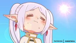 1boy 1girl =_= ? accidental_exposure animated aqua_eyes ass blue_hair blush earrings elf frieren from_below grey_hair hairdressing highres himmel_(sousou_no_frieren) holding holding_staff jewelry looking_back magic outdoors panties petite pointy_ears smile sound sousou_no_frieren staff standing sun sunlight sunset_nivaris sweat sweatdrop tagme thighhighs twintails underwear upskirt video wind wind_lift