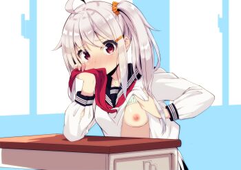 1girl absurdres ahoge black_sailor_collar blouse blush bra bra_lift breasts clothes_grab clothes_lift commentary_request covered_mouth desk female_focus fingernails flashing green_bra hair_between_eyes hair_ornament hair_scrunchie hairclip head_tilt highres holding_neckwear lifting_own_clothes long_hair long_sleeves looking_at_viewer neckerchief neckerchief_grab nipples nose_blush oppai_challenge orange_scrunchie original presenting_breasts red_eyes red_neckerchief sailor_collar school_desk school_uniform scrunchie serafuku shirono_mirai shirt shirt_lift side_ponytail sidelocks silver_hair sitting small_breasts solo underwear unzipped white_shirt zero_(miraichizu) zipper_pull_tab