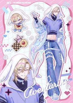 Rule 34 | 1boy, absurdres, alternate costume, aventurine (honkai: star rail), blonde hair, cellphone, character name, chibi, cookie, denim, english text, food, grin, hair between eyes, hand up, highres, hitohachan, holding, holding phone, honkai: star rail, honkai (series), hood, hood up, jeans, male focus, midriff, multiple views, navel, one eye closed, pants, phone, purple eyes, purple shirt, shirt, smartphone, smile, solo, teeth, upper body