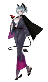 Rule 34 | 1girl, absurdres, alternate costume, alternate hairstyle, arm under breasts, black gloves, black horns, black jacket, black kimono, black tail, breasts, cleavage, commentary, cup, curled horns, demon tail, full body, gloves, hair between eyes, hashtag-only commentary, highres, holding, holding cup, horns, huge breasts, jacket, jacket on shoulders, japanese clothes, kimono, looking at viewer, multicolored hair, parted lips, pouring, pouring onto self, red eyes, sakazuki, simple background, solo, streaked hair, tail, white background, wuthering waves, xsatoh, zani (wuthering waves)