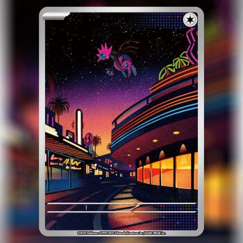 black_sclera building card_(medium) closed_mouth colored_sclera commentary company_name copyright_name copyright_notice english_commentary flying full_body iron_jugulis king_gidora neon_lights night nintendo non-humanoid_robot official_art pink_eyes pokemon pokemon_(creature) pokemon_card pokemon_tcg road robot robot_dragon scenery sky solo star_(sky) starry_sky street textless_version third-party_source trading_card tree