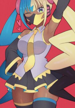 1girl absurdres alternate_color alternate_hair_length alternate_hairstyle arm_up armpits black_hair black_mask black_skirt black_sleeves black_thighhighs blonde_hair blue_hair breasts canari_(pokemon) cosplay dark-skinned_female dark_skin detached_sleeves green_eyes hand_on_own_hip hatsune_miku hatsune_miku_(cosplay) headset heart highres large_breasts long_hair looking_at_viewer mask mouth_mask multicolored_hair necktie nintendo nishitin pokemon pokemon_legends:_z-a red_background simple_background skirt solo thighhighs thighs twintails two-tone_mask vocaloid yellow_mask yellow_necktie zettai_ryouiki