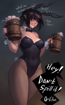 1girl anger_vein animal_ears baldur&#039;s_gate baldur&#039;s_gate_3 beer_mug black_bow black_bowtie black_hair black_leotard bow bowtie breasts brown_pantyhose chertila clenched_teeth commentary cowboy_shot cup detached_collar dungeons_&amp;_dragons dungeons_&amp;_dragons english_commentary highres holding holding_cup large_breasts leotard long_hair mug multi-tied_hair pantyhose playboy_bunny rabbit_ears shadowheart_(baldur&#039;s_gate) solo speech_bubble teeth
