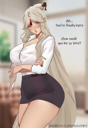 Rule 34 | 1girl, arms under breasts, black nails, black skirt, blurry, blurry background, breasts, button gap, cleavage, collared shirt, commentary, crossed arms, english commentary, english text, genshin impact, hair ornament, hair stick, highres, holding, holding paper, holy meh, large breasts, long hair, looking at viewer, nail polish, ningguang (genshin impact), office lady, paper, parted bangs, patreon username, pencil skirt, red eyes, shirt, shirt tucked in, skirt, solo, tassel, tassel hair ornament, thighs, very long hair, white hair, white shirt