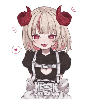 1girl arms_behind_back back_bow belt black_dress blunt_bangs blush bob_cut bow breasts chest_harness cleavage cleavage_cutout clothing_cutout collared_dress colored_inner_hair corset cross-laced_clothes cross-laced_corset curled_horns demon_horns dress fangs frilled_shirt_collar frills grey_hair harness heart heart_cutout horns looking_at_viewer maid makaino_ririmu makaino_ririmu_(5th_costume) medium_hair multicolored_hair nijisanji no_jacket notice_lines o-ring o-ring_belt o-ring_harness open_mouth pink_hair pink_streaks pointy_ears puffy_short_sleeves puffy_sleeves red_eyes red_horns short_dress short_sleeves simple_background sirousagizidou small_breasts smile solo spoken_heart standing streaked_hair two-tone_hair upper_body virtual_youtuber white_background white_belt white_corset