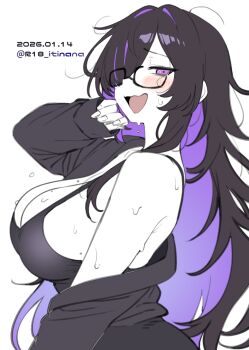 1girl black_dress black_hair blush breasts colored_inner_hair commentary_request dated dress from_side glasses goddess_of_victory:_nikke hair_over_one_eye highres itinana label_(nikke) long_hair looking_at_viewer looking_to_the_side mole mole_on_breast multicolored_hair open_mouth purple_eyes purple_hair simple_background smile solo sweat twitter_username white_background