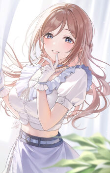 1girl belt blue_eyes blurry blurry_foreground blush breasts brown_hair clumsy_trick_(idolmaster) commentary cropped_shirt depth_of_field gakuen_idolmaster gloves highres himesaki_rinami idolmaster long_hair looking_at_viewer mairo medium_breasts midriff official_alternate_costume puffy_short_sleeves puffy_sleeves purple_skirt shirt short_sleeves signature skirt smile solo very_long_hair white_gloves white_shirt