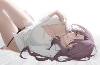 1girl absurdres black_panties blue_eyes breasts commentary english_commentary fingernails hand_up highres honkai:_star_rail honkai_(series) huge_breasts jade_(honkai:_star_rail) long_hair looking_at_viewer lying nail_polish no_pants on_back paid_reward_available panties panty_pull parted_lips patreon_username purple_hair purple_nails seol_(baconontheclock) shirt smile solo thighs underwear watermark web_address white_shirt