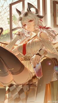 1girl absurdres ahoge black_horns black_nails black_thighhighs closed_mouth clothing_cutout cup curled_horns disposable_cup dress earrings eyewear_on_head fingernails grey_dress grey_hair hair_between_eyes highres holding holding_cup horns indoors jewelry long_hair mole mole_under_eye multicolored_hair nail_polish necktie red_eyes red_necktie sanyue_qiushi shoulder_cutout sitting solo streaked_hair sunglasses sweater sweater_dress thighhighs thighs wuthering_waves zani_(downtown_repose)_(wuthering_waves) zani_(wuthering_waves)