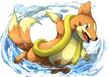 brown_eyes commentary_request fang floatzel gen_4_pokemon highres looking_down nintendo no_humans open_mouth pokemon pokemon_(creature) signature solo tanpakuroom toes tongue water