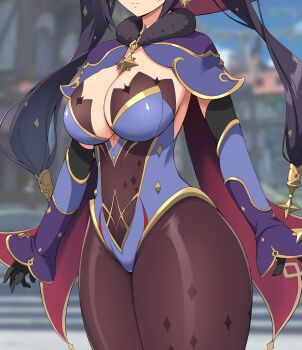 Rule 34 | 1girl, black hair, bodystocking, breasts, cape, cleavage, dekapaiyukari, faceless, faceless female, genshin impact, hat, highres, kloah, large breasts, medium breasts, mona (genshin impact), out of frame, outdoors, solo, thick thighs, thighs, twintails, witch hat