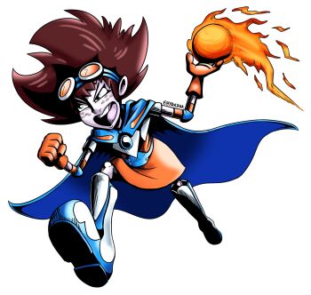 1girl absurdres alternate_costume angela_anaconda angela_anaconda_(character) angelamon_(angela_anaconda) attack cape cosplay digimon digimon_adventure fire fireball goggles goggles_on_head highres official_alternate_costume running solo what why yagami_taichi yagami_taichi_(cosplay)