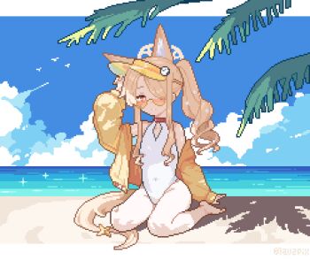 1girl above-cleavage_cutout animal_ear_fluff animal_ears barefoot beach blonde_hair blue_archive blue_sky clothing_cutout cloud cross_halo day diamond_cutout fox_ears fox_girl halo highleg highleg_one-piece_swimsuit jacket lav2pix long_hair looking_at_viewer ocean official_alternate_costume official_alternate_hairstyle one-piece_swimsuit orange-tinted_eyewear outdoors palm_tree pixel_art sand seia_(blue_archive) seia_(swimsuit)_(blue_archive) shore side_ponytail sitting sky solo sunglasses swimsuit tail tinted_eyewear tree visor_cap water white_one-piece_swimsuit yellow_halo yellow_jacket yellow_visor