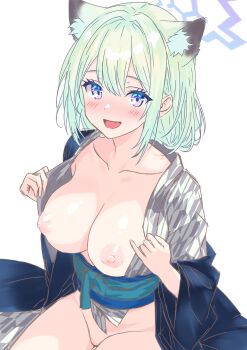 1girl :d absurdres animal_ear_fluff animal_ears bath_yukata blue_archive blue_halo blue_haori blush breasts breasts_out commentary extra_ears green_hair grey_kimono hair_between_eyes halo haori highres japanese_clothes kimono large_breasts looking_at_viewer mo_mo_mo79 naked_kimono nipples no_panties official_alternate_costume open_clothes open_kimono open_mouth puffy_nipples purple_eyes shigure_(blue_archive) shigure_(hot_spring)_(blue_archive) short_hair smile solo symbol-only_commentary tail weasel_ears weasel_girl weasel_tail white_background yagasuri yukata
