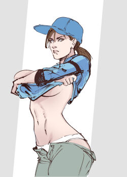 1girl blue_eyes blue_hat breasts brown_hair commentary desantiart english_commentary grey_background hat highres jill_valentine long_hair navel panties ponytail resident_evil resident_evil_5 sketch underboob underwear undressing white_panties