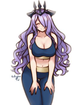 1girl alternate_costume bare_arms bare_shoulders black_bra black_pants bra breasts camilla_(fire_emblem) camilla_(light_of_nohr)_(fire_emblem) cleavage collarbone commission fire_emblem fire_emblem_fates fire_emblem_heroes hands_on_own_thighs ko-fi_commission medium_breasts navel nintendo one_eye_covered pants purple_hair rotomdocs solo sports_bra sportswear stomach underwear white_background yoga_pants